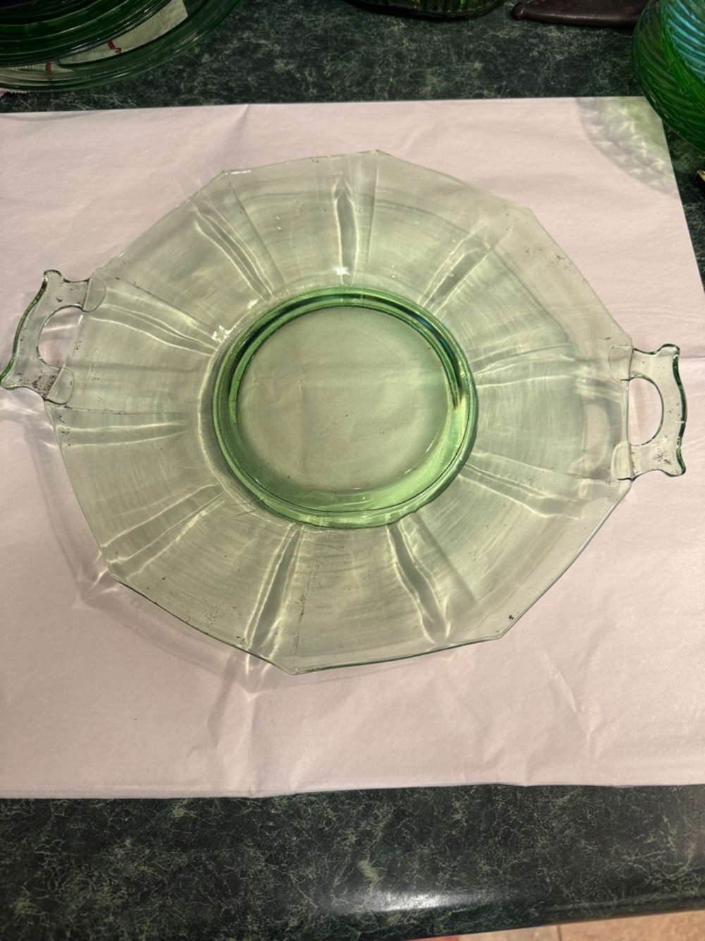 Vintage Green Glass Serving Platter with Handles